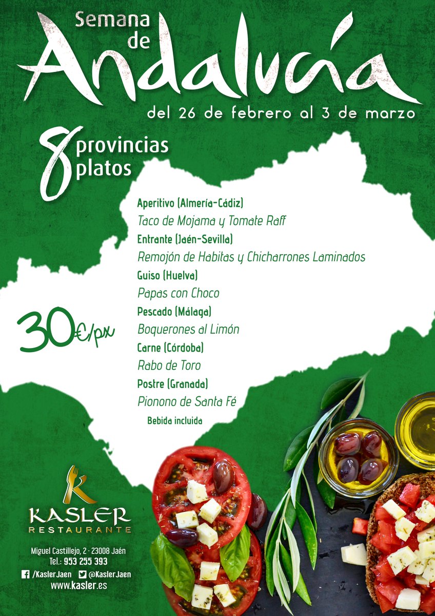 💚⚪️💚Ya tenemos aquí el Día de #Andalucía y en #kasler lo celebramos con "8️⃣ provincias, 8️⃣platos". 🛑🛑Parada obligatoria en la agenda #KaslerMásQcatas".
📆26 de febrero al 3 de marzo (mediodía y noche)
💶30 € con bebidas incluidas. 🍺🍷
📞953255393
🏃‍♂️🏃‍♀️¡¡Haz ya tu reserva!!