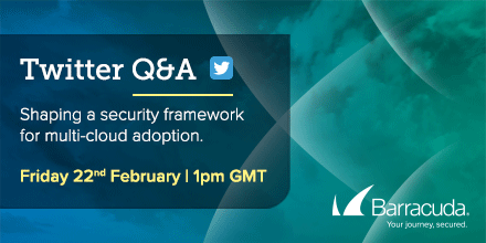 barracuda's tweet photo. Just 30 mins till @Mr_Chill and @Jez_Back take all your questions about cloud security
Tweet your questions using #CudaChat from 1pm UK time
#CyberSecurity https://t.co/f26Fl6Q27J
