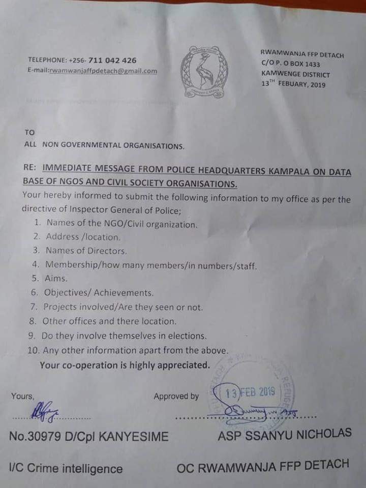 KashaJacqueline's tweet photo. The witch hunt is continuing on our civic space. Now how do elections cum into all this? And why is it @PoliceUg is now interested in #NGOs. Go get the data you need from the National NGO board. #NoToElectionRigging https://t.co/EaLAHYXvBQ