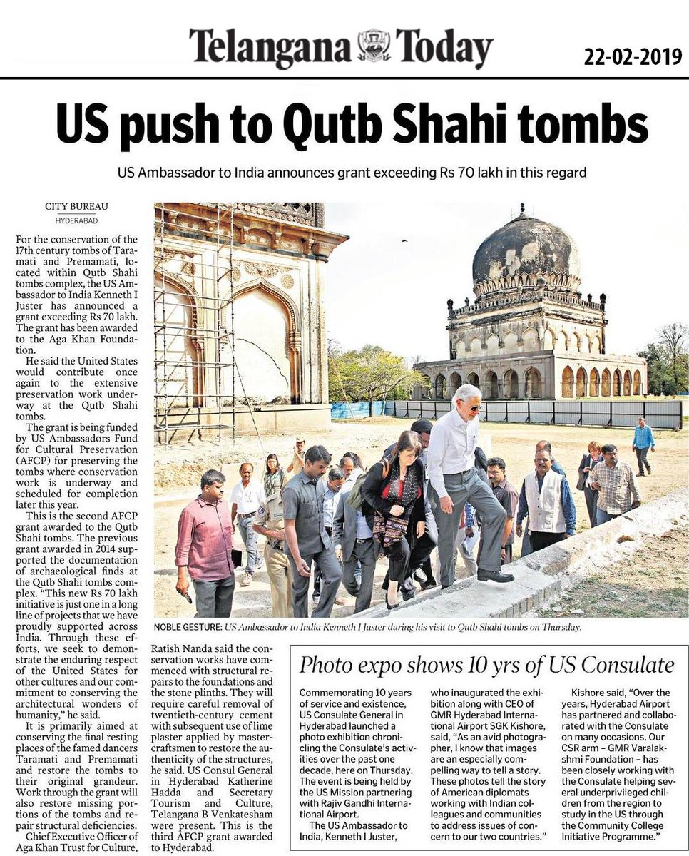 The US Ambassador to India Mr. Kenneth Ian Juster announces Rs. 70 lakh grant for the conservation of #Taramati & #Premamati tombs, in #QutbShahiHeritagePark. #HeritageTelangana #KennethIJuster #USAmbassadortoIndia @USAmbIndia @USCGHyderabad @USAndIndia @Director_DHT @tstourism