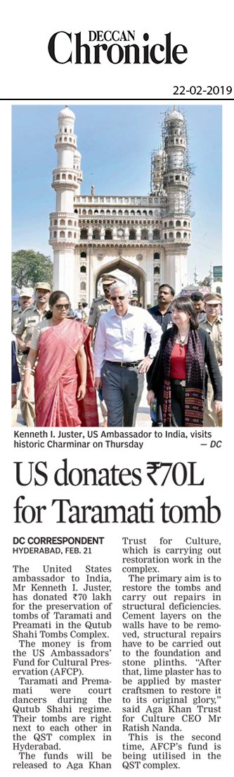 Director_DHT's tweet photo. The US Ambassador to India Mr. Kenneth Ian Juster announces Rs. 70 lakh grant for the conservation of #Taramati &amp; #Premamati tombs, in #QutbShahiHeritagePark. #HeritageTelangana #KennethIJuster #USAmbassadortoIndia @USAmbIndia @USCGHyderabad @USAndIndia @Director_DHT @tstourism https://t.co/1DMk01kyr4