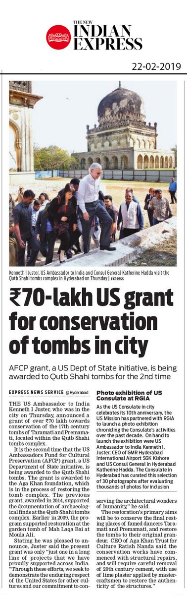 Director_DHT's tweet photo. The US Ambassador to India Mr. Kenneth Ian Juster announces Rs. 70 lakh grant for the conservation of #Taramati &amp; #Premamati tombs, in #QutbShahiHeritagePark. #HeritageTelangana #KennethIJuster #USAmbassadortoIndia @USAmbIndia @USCGHyderabad @USAndIndia @Director_DHT @tstourism https://t.co/1DMk01kyr4
