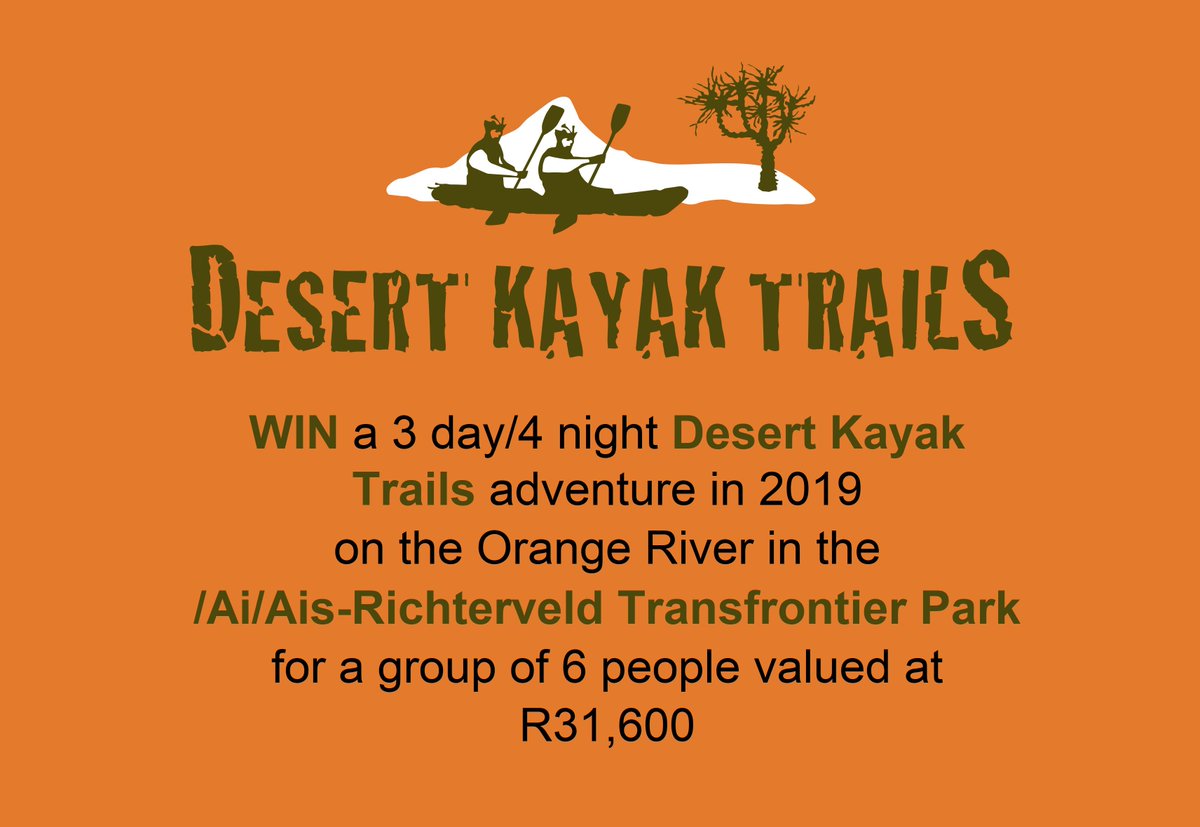 Follow us on Twitter, Instagram or Facebook and stand a chance to win a multi-day kayaking adventure down the Orange River through the /Ais/Ais-Richtersveld Transfrontier Park. Prize excludes transport to and from the /Ais/Ais-Richtersveld Transfrontier Park. *T&amp;C's apply