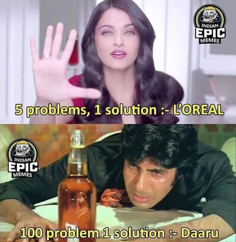 #AishwaryaRaiBachchan five problems one solution :-@LOrealParisIn 
@SrBachchan: 100 problems, one solution :- whiskey 🥃 
🕺🏼🕺🏼🕺🏼🕺🏼🕺🏼 #meme #bollywoodMeme
RT if you agree