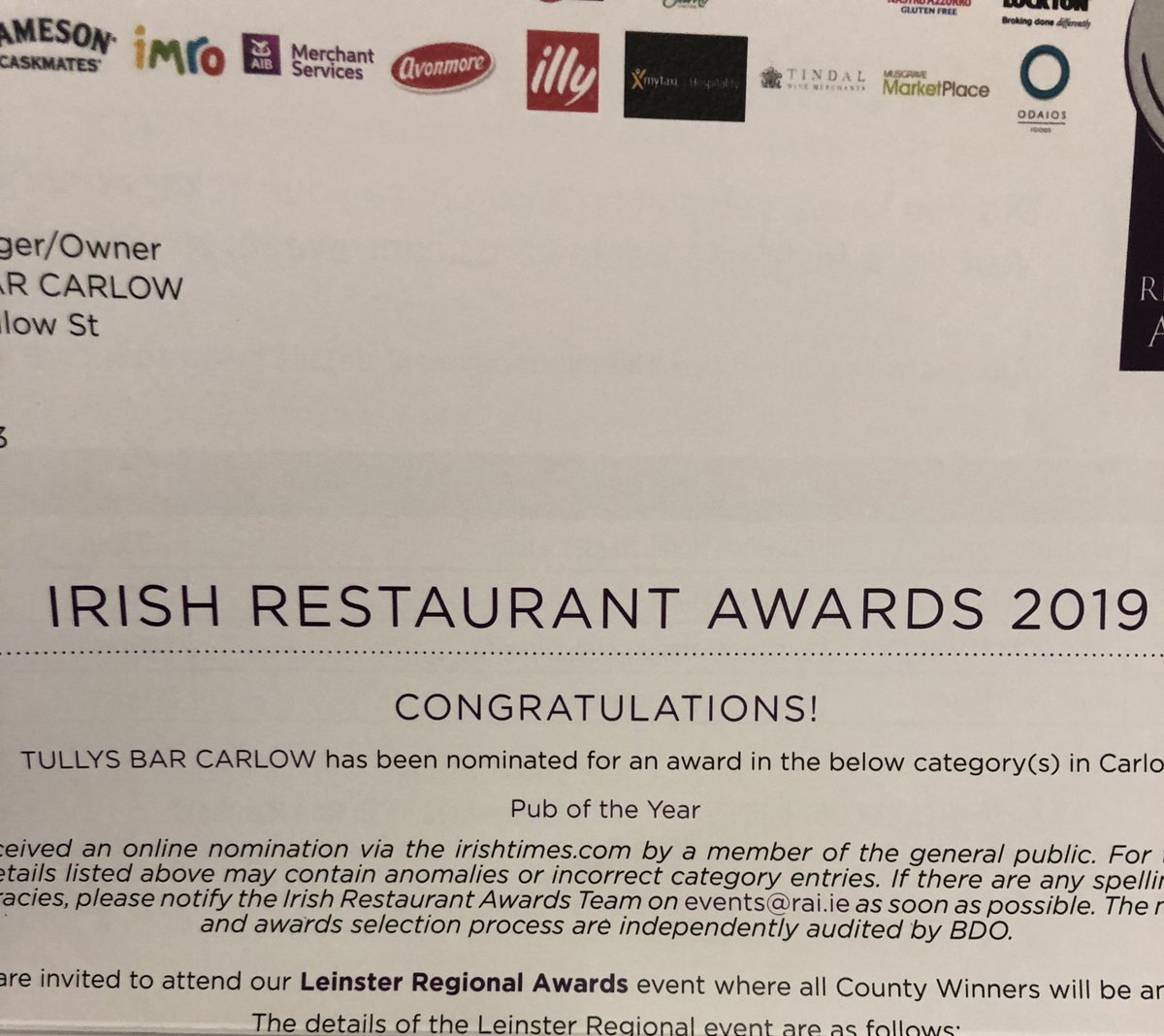 TullysBarCarlow's tweet photo. Nice to get this in the post. Cheers to whoever nominated us. It would be great to add this to the @carlowchamber Pub of the Year award. https://t.co/mOJcOzVfqq