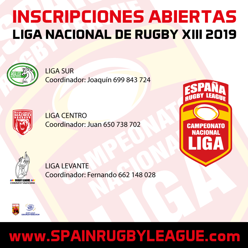 INSCRIPCIONES ABIERTAS 
El Campeonato Nacional de Liga de #Rugby XIII estrena formato. Tres conferencias un Campeón. Inscribe a tu #Club.
#SpainRugbyLeague 

<a href="/RLEFofficial/">RLEFofficial</a> <a href="/ValencianaXIII/">Valenciana XIII</a> <a href="/AndaluciaXIII/">AndaluciaXIII</a> @IntlRL <a href="/RContrerasFM/">Rodrigo Contreras</a> @3tiempoCOPE <a href="/CustodiansRL/">Atlético Custodians  Madrid RL</a>