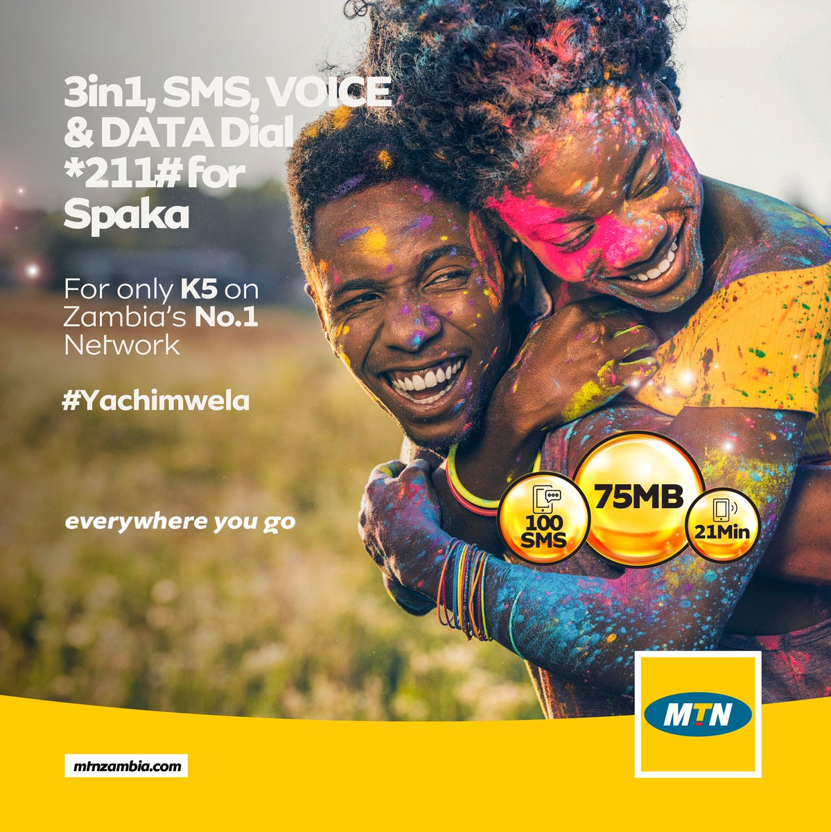 MTN_Zambia's tweet photo. Buy K5 Daily #Spaka bundle and get 21 minutes, 75MB, and 100 SMS! Only on the network #Yachimwela https://t.co/4hyfV7hX5u