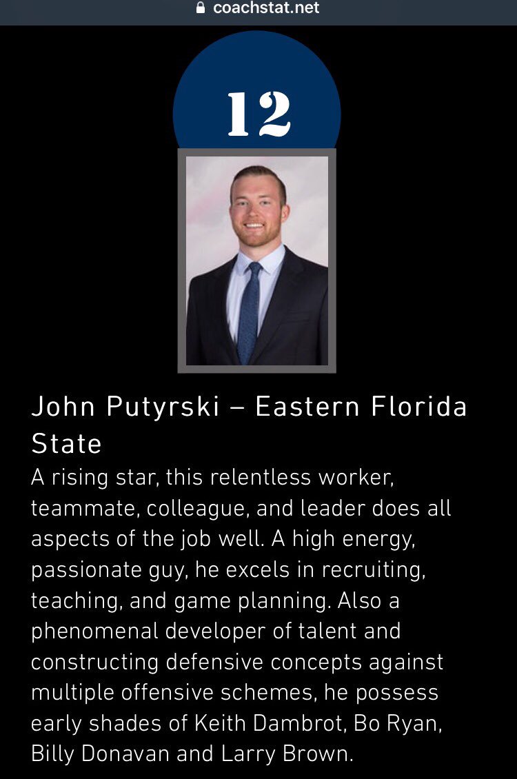 EFSCMensBB's tweet photo. What an honor for Assistant Coach @JPutyrski !!! Coach Putyrski has been named one of the BEST Juco Assistant Coaches in the entire nation!!! “Coach P” is a tireless worker with an INCREDIBLY bright future in this business! We are so fortunate to have him at Eastern FL this year! https://t.co/r3Dr6XFBrX