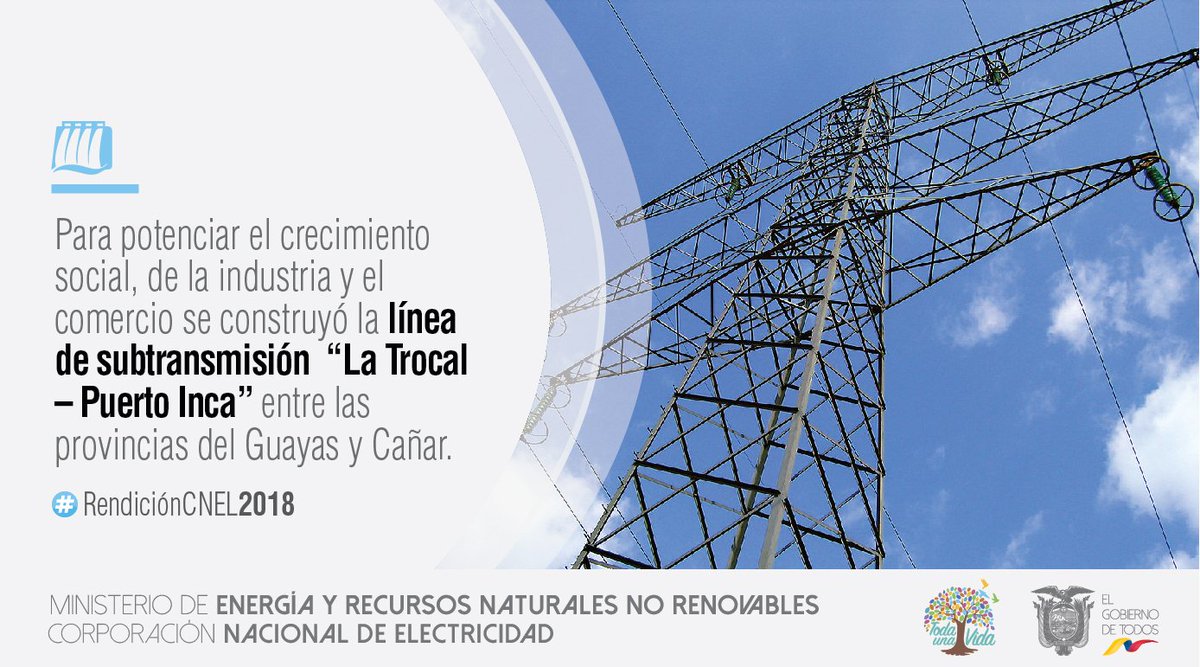 CNEL_EP's tweet photo. La línea de subtransmisión La Troncal - Puerto Inca mejoró el nivel energético de esta zona ubicada entre las provincias del Guayas y Cañar.
 #RendiciónCNEL2018 https://t.co/gELmwHpQMm