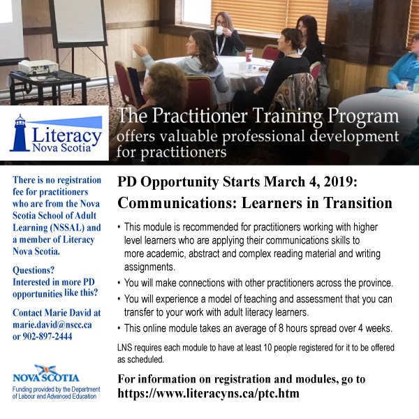 literacy_ns's tweet photo. Register now for the #PractitionerTraining Module 'Communications - Learners in Transition', March 4 - 29. Email marie.david@nscc.ca or call 1-800-255-5203. 
Check out the PT webpage for details on the program, modules, and tuition schedule at https://t.co/gevHO2UjXs https://t.co/FFvYwlyanw