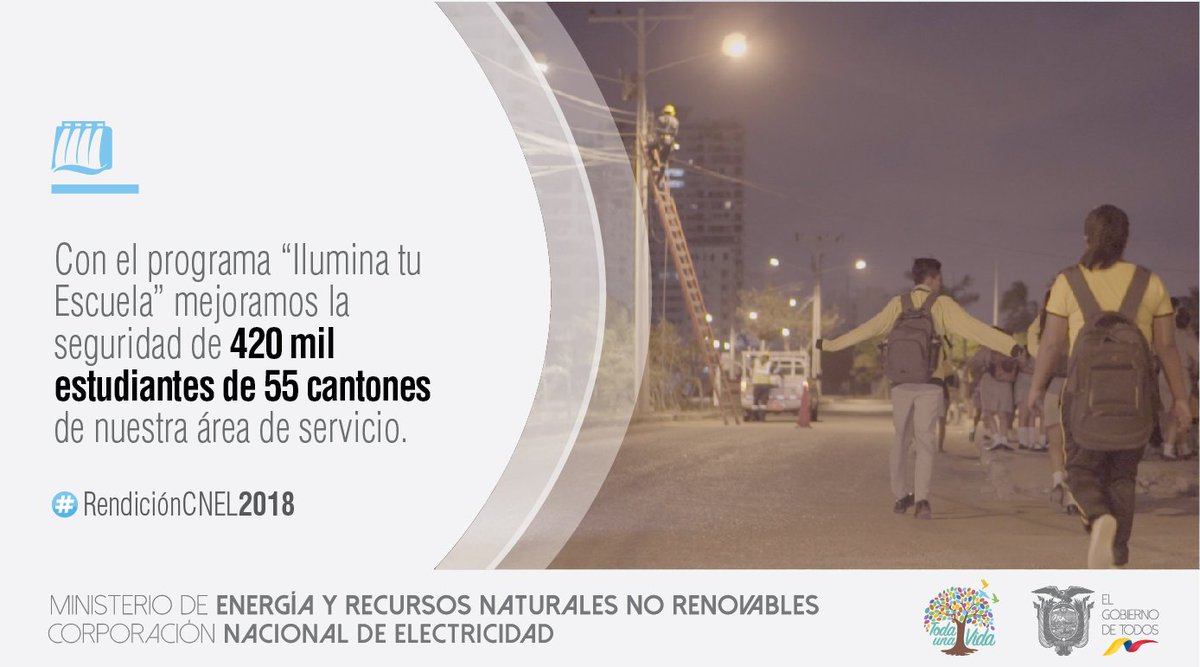 CNEL_EP's tweet photo. #RendiciónCNEL2018 | El alumbrado público de los alrededores de los centros educativos del país es cada vez más óptimo, gracias al programa ‘Ilumina tu Escuela’ impulsado por el Gobierno Nacional a través de @CNEL_EP. https://t.co/zPA7MtGCg2