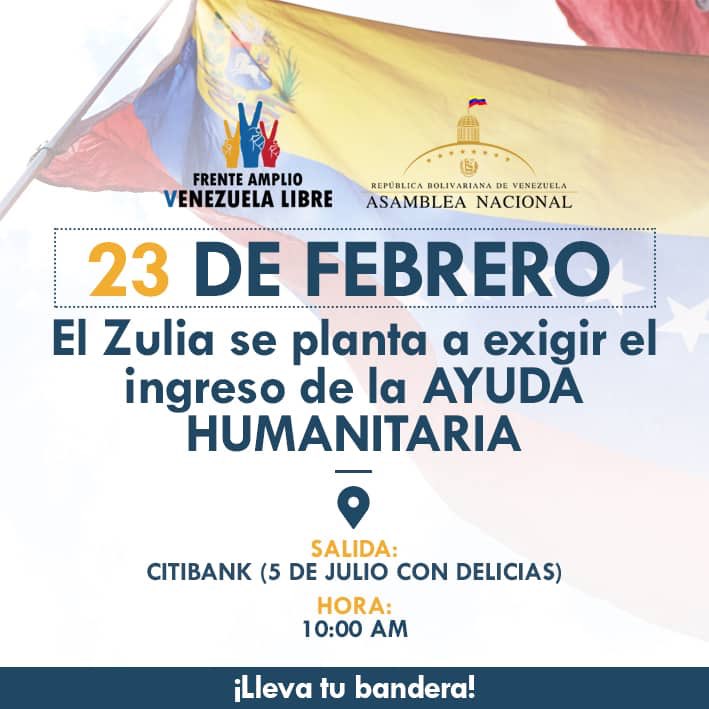 JuanPGuanipa's tweet image. A mi gente del Zulia, mañana es un gran día y necesitamos la ayuda de todos. Por eso los invitamos a asistir masivamente en apoyo a esta gesta histórica. 

La ayuda humanitaria va a entrar #SíOSí  así que alcen sus voces, estamos cerca de lograr la salida a este desastre #22feb