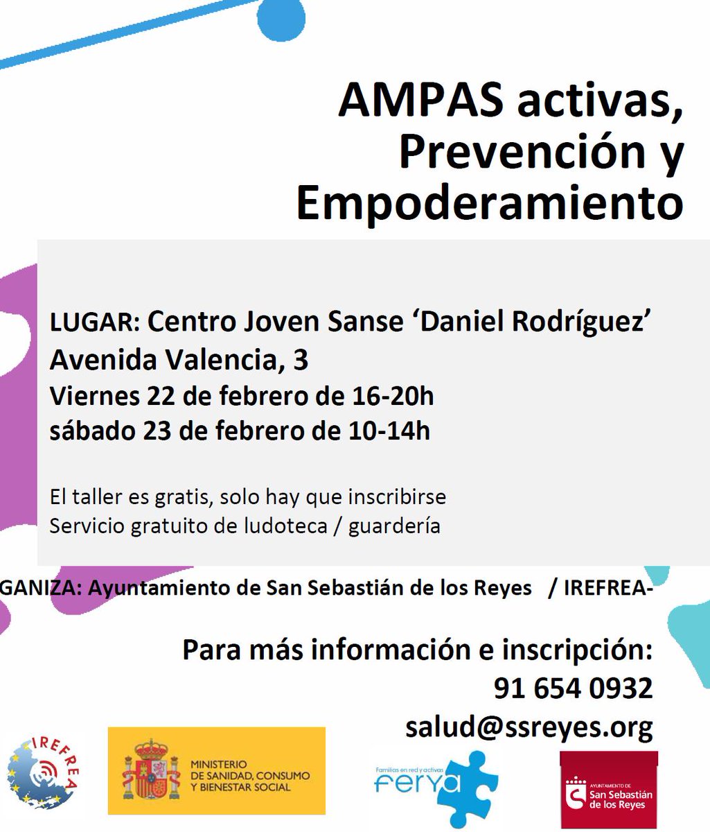 PNSDgob's tweet photo. 👨‍🏫#AMPAS Activas #Prevención y empoderamiento. #IREFREA
San Sebastián de los Reyes, Madrid
 🗓️22-23 febrero
Financia @PNSDgob https://t.co/x6nvmrqRUG