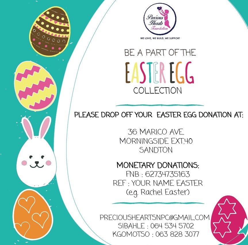 HeartsRsa's tweet photo. Hey everyone! Precious Hearts Foundation will be hosting an Easter Egg Hunt for grade R's in Cosmo City Junior Primary School and Orefile Primary School. Please can you donate Easter Eggs (can be a strip or a box of eggs). #Easter #Donate #PreciousheartsRSA https://t.co/YLBQNWb6YT