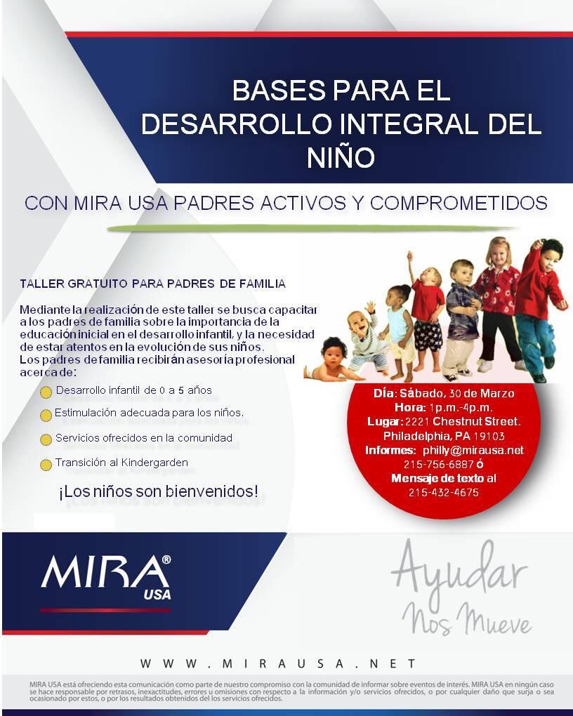 MIRAUSAOficial's tweet photo. ¡Todos los niños y las niñas tienen derecho a un desarrollo integral sano! 

Los invitamos a nuestro taller "Bases para el Desarrollo Integral del Niño" el sábado 30 de Marzo en #Philadelphia #PA

Inscripciones en el siguiente enlace👇 
https://t.co/NJ6nBLotIQ

#AyudarNosMueve https://t.co/mdVLq8H7Xn