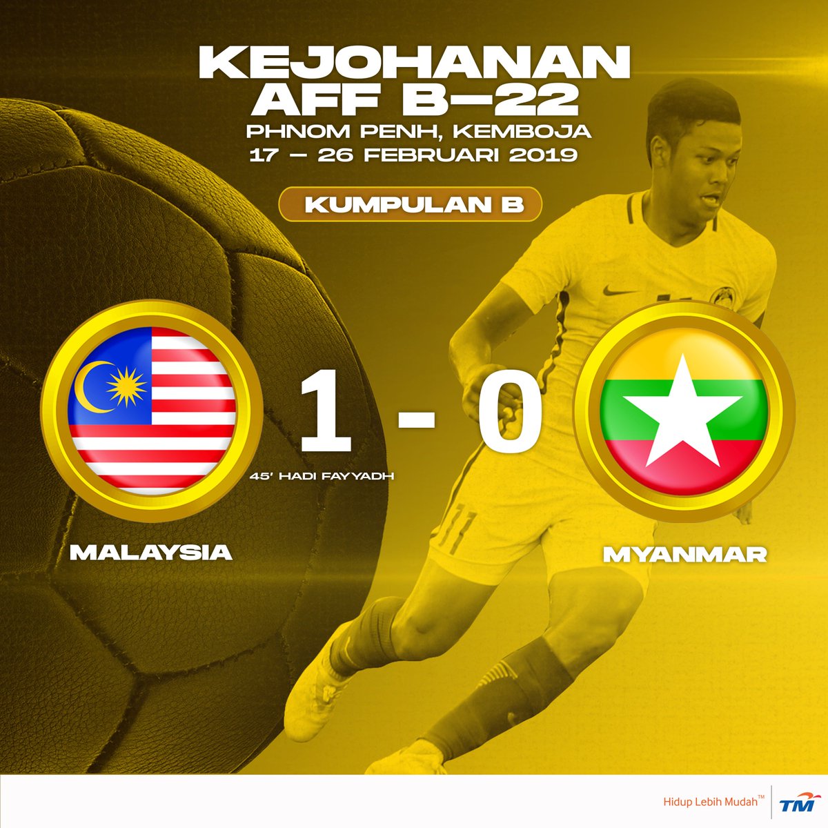 UnifiSports's tweet photo. Hadi Fayyadh sekali lagi muncul wira buat #HarimauMalaya B-22. Jaringan tunggal dia pada minit akhir separuh masa pertama kekal hingga wisel penamat sekaligus meraih kemenangan ke atas #MYA B-22 🇲🇲. 👏🏻 #MASvMYA #AFFU22 #KamiTeamMalaysia https://t.co/7Gj0afhy10