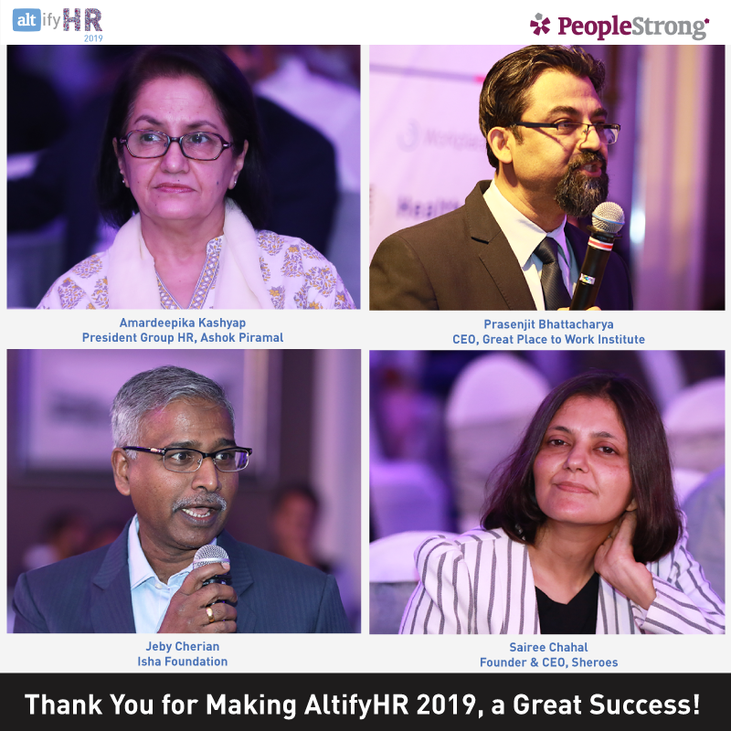 peoplestrong's tweet photo. Amardeepika Kashyap of Ashok Piramal Group, Prasenjit Bhattacharya of @GPTW_US, @JebyCherian of @IshaFoundation, and @Sairee of @SHEROESIndia, Thank you so much for making #AltifyHR2019, a great success! https://t.co/AQSYuWdNww