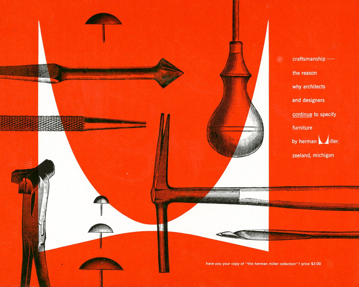 HermanMiller's tweet photo. Designer Irving Harper once called his swooping red logo for Herman Miller “the century’s least expensive corporate branding.” Click through for more of Harper’s classic graphic design from the 40s and 50s. https://t.co/YH6rXZo20J https://t.co/rSuiwFMd51