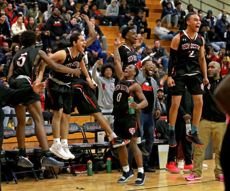 MrDesaimath's tweet photo. @TechBostonHoops starters being SO hyped when one of their teammates scored is one of my favorite moments of the season.  @tbaupdates https://t.co/2ACxGb4E0A