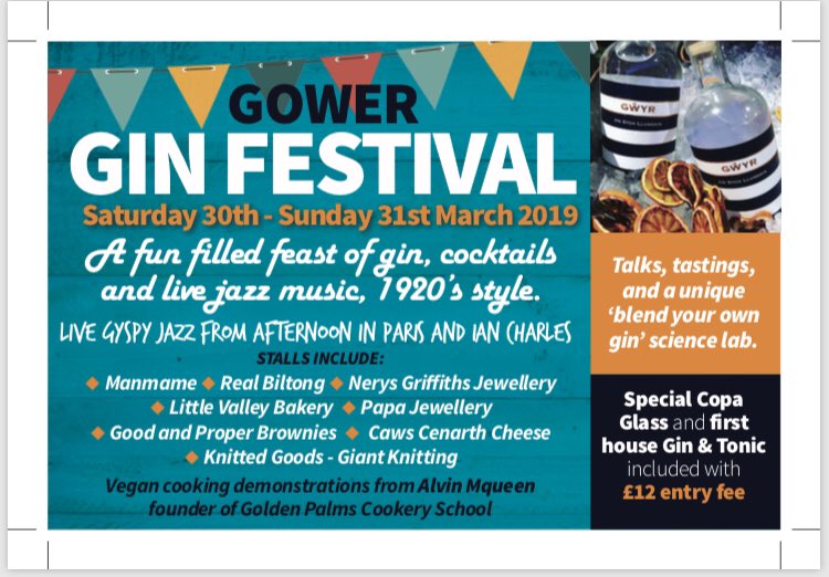 Come along to the 1st ever Gower Gin Festival on 30/31st March.  This exciting new event at the <a href="/GowerHeritage/">GowerHeritageCentre</a> in Parkmill is just £12 entry with a free Copa Glass and the first house G&amp;T free  🍸 #gowergin
