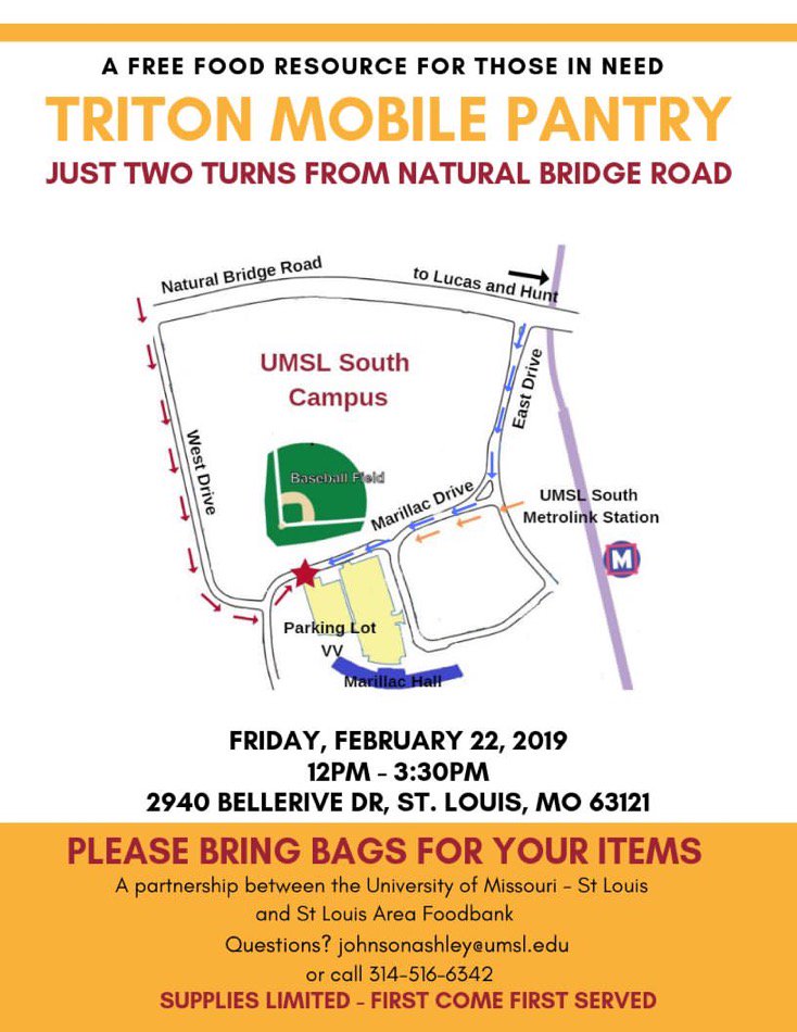 Stop by the Triton Mobile Pantry today from 12:00-3:30. The pantry is open to UMSL students and staff AND community members. No ID required.