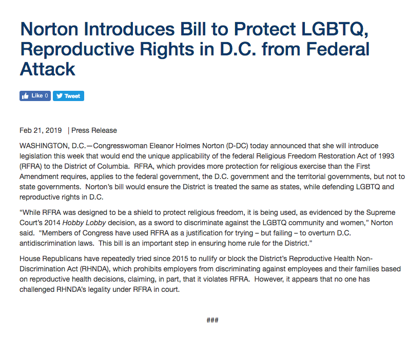 Eleanor Holmes Norton Statement On Bill To Protect LGBTQ People And Women and Religious Minorities