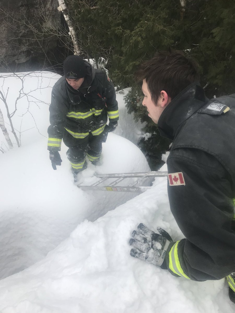 RoreePayment's tweet photo. I’ll see your cat in a tree and raise you a dog in a hole.  Another exceptional job by fire crews, rescuing “Jay” after he slipped at the edge of a cliff on the Nottawasaga Bluffs landing on a ledge 30ft below.  Jay has been reunited with his parents safe and sound #nailedit https://t.co/L7O2RvJG8r
