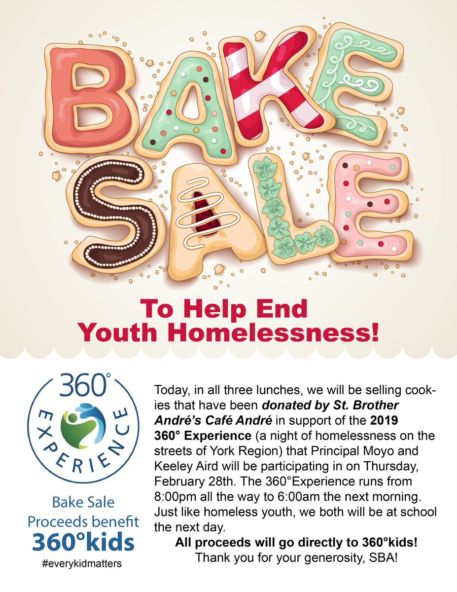 It’s a BAKE SALE 🍪 at @SBAtoday during all 3 lunches! All proceeds to benefit <a href="/360kids_york/">360°kids</a>! Purchase a delicious cookie baked with love by <a href="/yourcafeteria/">Cafe Andre</a> and help end youth homelessness in York Region! #everykidmatters