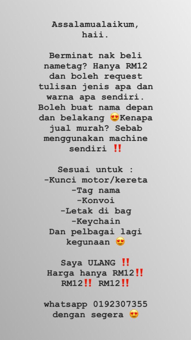 Ftnsyhra's tweet photo. RM12 je guys! Macam macam boleh buat 😍

Sesuai untuk :
-Kunci motor/kereta
-Tag nama
-Konvoi
-Letak di bag 
-Keychain
-Keychain Couple 
-Hadiah untuk pasangan
Dan pelbagai lagi kegunaan 😍

Berminat boleh whatsapp 0192307355 atau tekan link https://t.co/IwXoVSaVHI 😍 pls RT https://t.co/0kH8wxwv9t