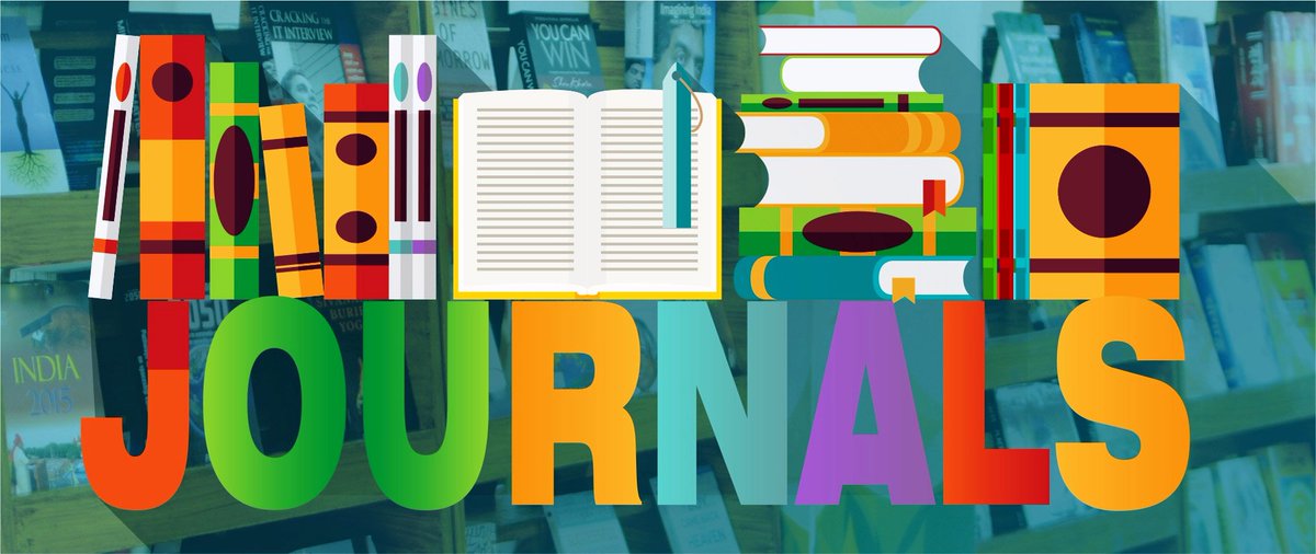 Multicolored books stacked on top of each other. Underneath, it says Journals.