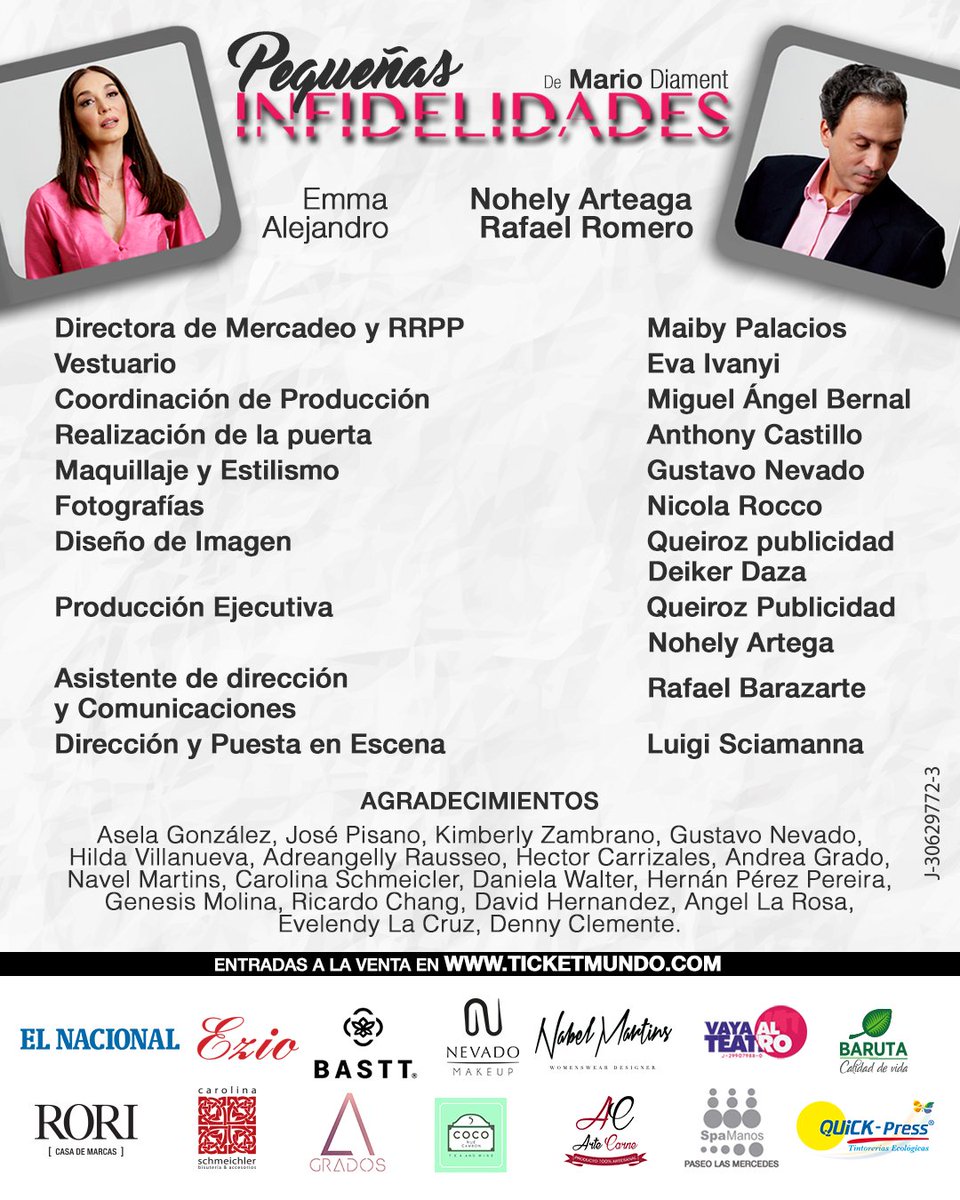 Viernes 6pm;  Sábados y Domingos 4pm <a href="/trasnochocult/">Trasnocho Cultural</a>  PEQUEÑAS INFIDELIDADES de Mario Diament con <a href="/nohearteaga/">Nohely Arteaga</a>  y <a href="/romerorafaelg/">rafael g romero t</a>  Dirección #LuigiSciamanna produce <a href="/publiqueiroz/">Queiroz Publicidad</a>  Entradas <a href="/Ticketmundo_ve/">TICKETMUNDO™</a>