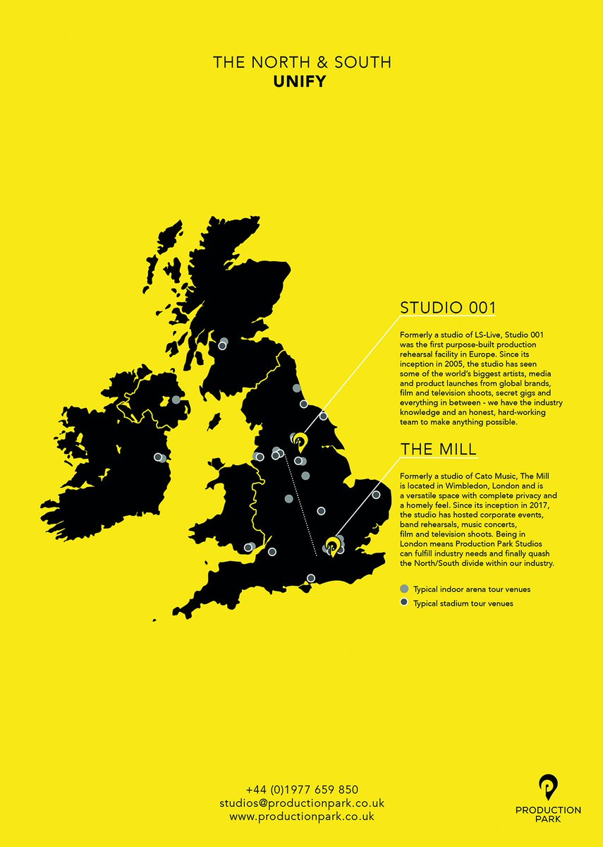 The North &amp; South, unify.

After acquiring <a href="/lslive/">LS-LIVE</a> Studio 001 &amp; @catomusicltd The Mill, Production Park studios have united the #North &amp; #South giving production managers more options for an easier, more economical tour.

#ProductionPark #Studios #Rehearsals #ProductionManager