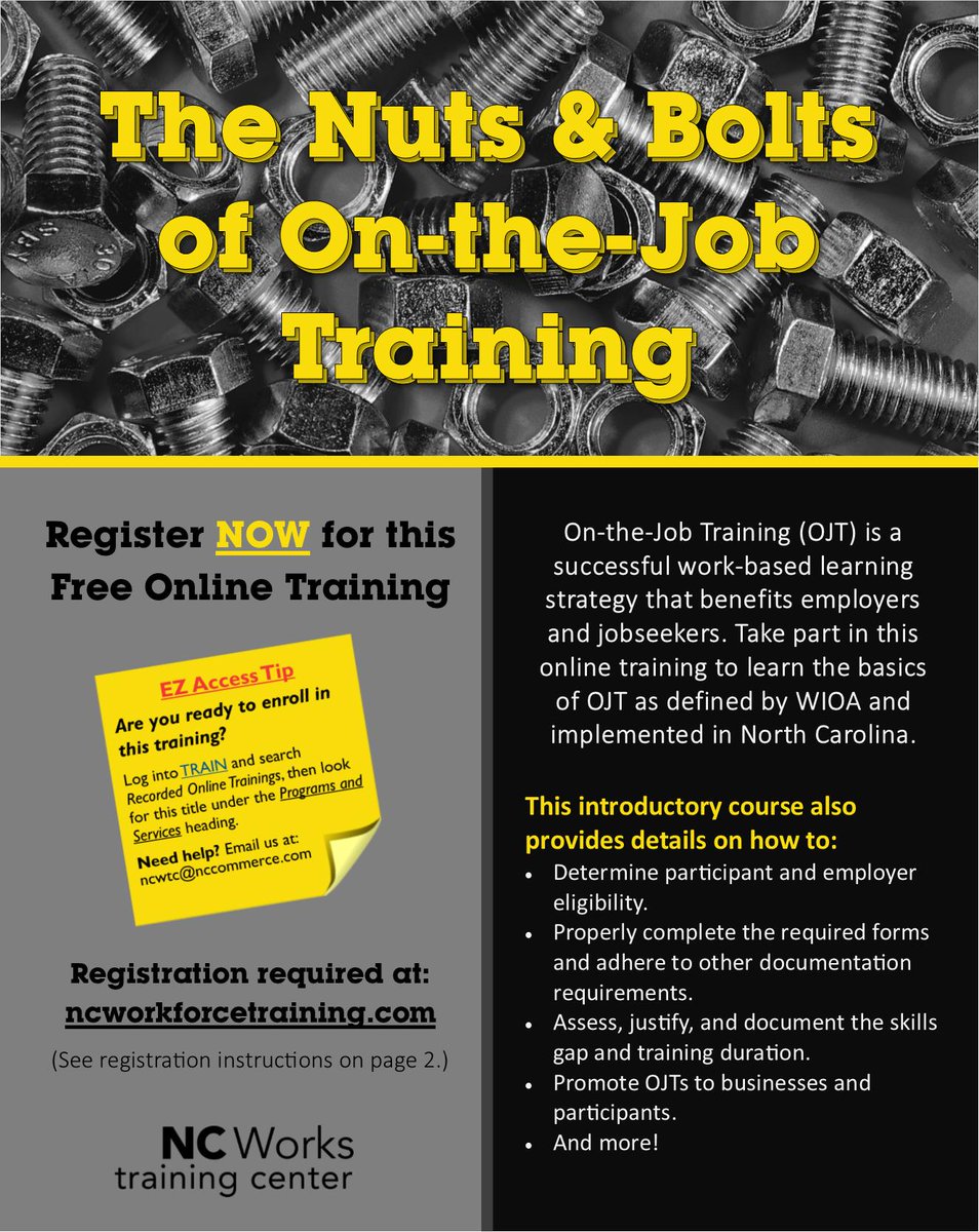 OJT is a successful #WorkbasedLearning strategy that benefits employers and job seekers. Take part in this #FREEOnlineTraining to learn the basics of #OJT as defined by #WIOA and implemented in NC.  #NCWorks #JobTraining #WorkforceDevelopment #EmployerBenefits #JobseekerBenefits