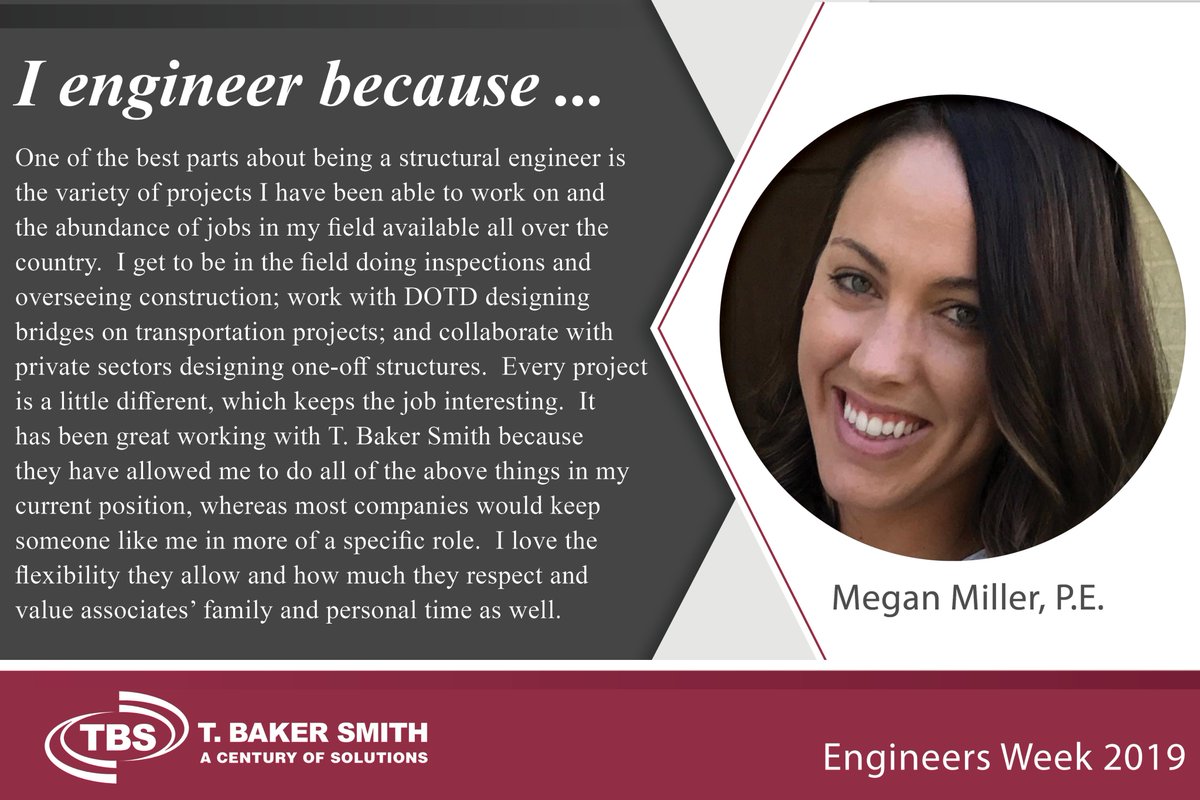 TBS_Solutions's tweet photo. "Every project is a little different, which keeps the job interesting." - Megan Miller, P.E.#eweek2019 #engineersweek #iengineerbecause https://t.co/w11hi6gmaX