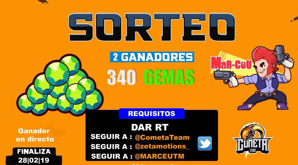 🎁 ¡SORTEO #BrawlStars ! 🎁

💲¡¡2 lotes de 170 gemas 340 en total!!
🙅¡¡2 GANADORES!!

REQUISITOS👇👇
✔️Seguir a <a href="/CometaTeam/">Cometa</a>
✔️Seguir a @zetamotions__  
✔️ Seguir a <a href="/MaRCeUTM/">MaRCeU™️🗯</a>
✔️ Dar RT y mencionar 1 amigo

Ganadores del ultimo sorteo 👇
youtu.be/MSGEVAtyJA8
Fin 28/02/19