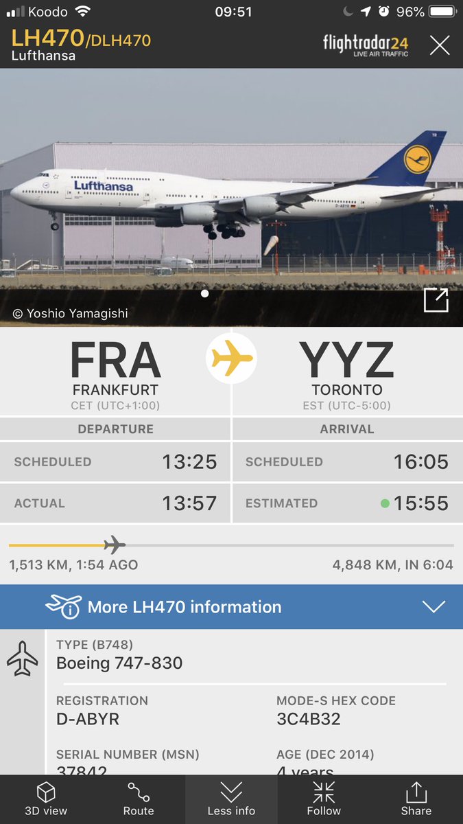 ErnestGutschik's tweet photo. #YYZ Alert π¨ βοΈ
Lufthansa sending a Boeing 747-8i for the fourth day in a row, a first for Toronto Pearson. Planned ETA is 1555 for #DLH470 from Frankfurt. No official word from Lufthansa if this is a permanent switch or temporary. https://t.co/F1lReXgnhr
