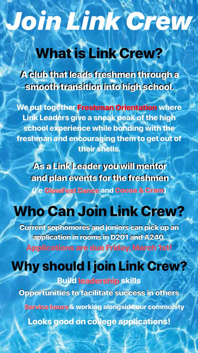 Applications are due exactly a week from today! Come pick one up in room D201 or room A240!