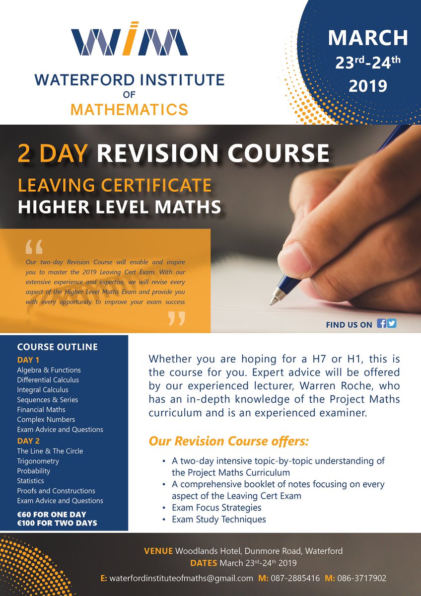 WaterfordMaths's tweet photo. @ArdscoilNaMara  Get in touch to find out more about our HL LC Maths Revision Course https://t.co/CyPq0BImUj