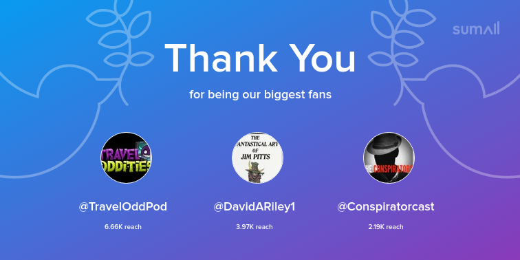 GrveYrdPodcast's tweet photo. Our biggest fans this week: @TravelOddPod, @DavidARiley1, @Conspiratorcast. Thank you! via https://t.co/BmYbVlK6WE https://t.co/Qg0UpR4i5q