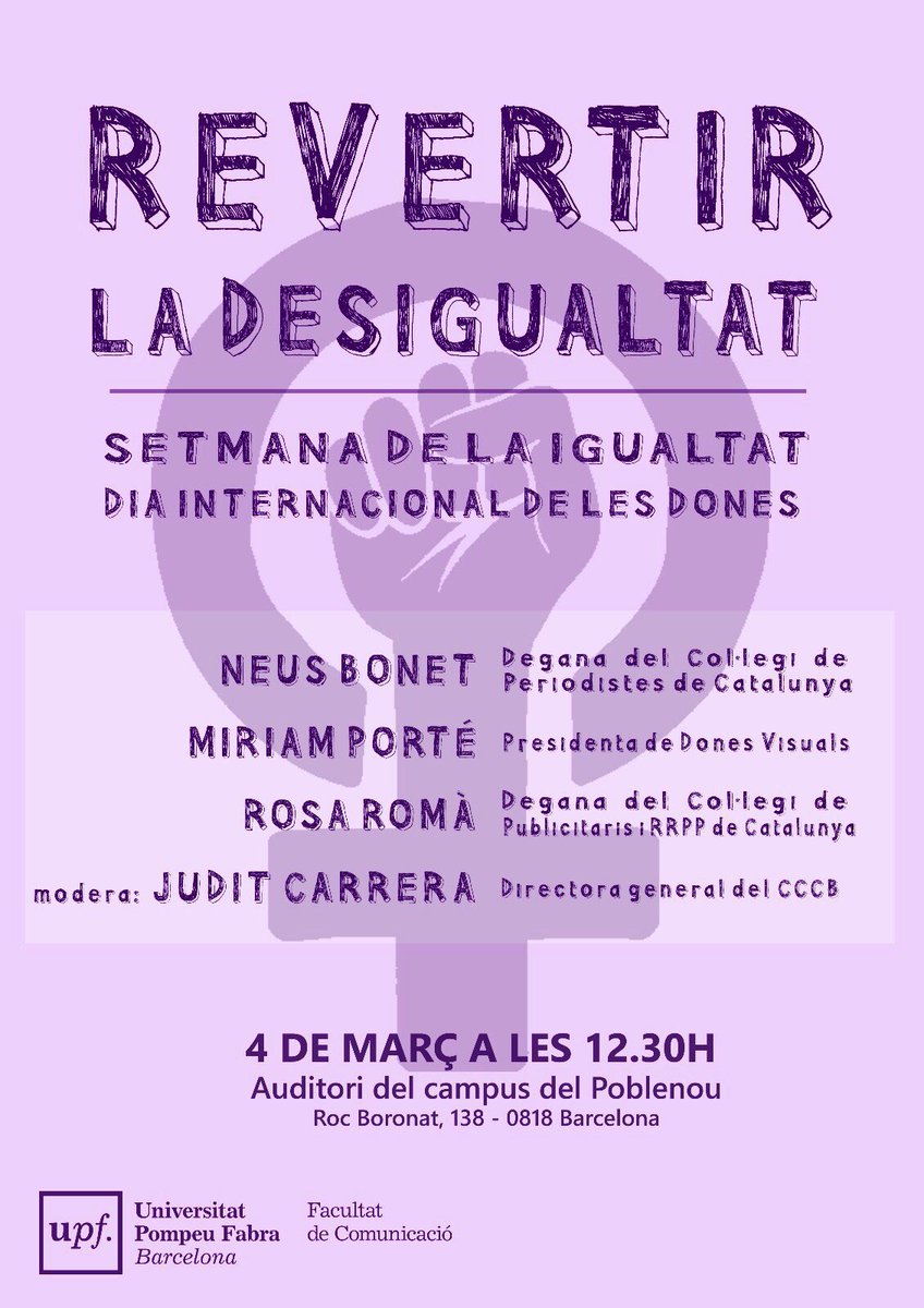 comunicacioUPF's tweet photo. Recorda que el 4 de març estàs convidat/da a la conferència “REVERTIR LA DESIGUALTAT”  que tindrà lloc a l’auditori del Campus de Poblenou a les 12:30h! https://t.co/5s1scKNqbH