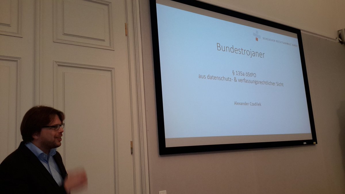 cwachter57's tweet image. Alexander Czadilek eröffnet die Session "Sicherheit &amp;amp; Recht" mit einer Analyse des #Bundestrojaner - § 135a StPO aus  datenschutzrechtlicher und verfassungsrechtlicher Sicht #iris2019 #surveillance