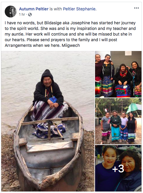 Our hearts are w/ the family of Nokimis Josephine Mandamin today. The Water Walker has left this Earth to walk in the clouds. May we all carry her teachings in our hearts as we continue to fight for our planet. Miigwech Josephine, we love you 🙏🌊👣 #WaterIsLife #IndigenousWomen