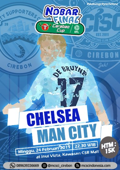 #CitizensCirebon Nobar Final #CarabaoCupF ft. <a href="/CISCcirebon/">CISC Cirebon Jeh!</a> 

Chelsea v MANCHESTER CITY

Minggu, 24 Februari 2019 | at Inul Vizta CSB Mall
OG : 22.30 WIB | HTM : Rp. 15.000,- 

#wearecity #dukungcityvchelsea #mancity #mcscindonesia #mcscicirebon