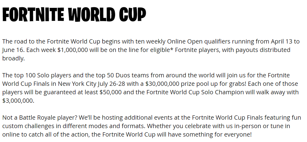 Rod Breslau On Twitter Epic Games Has Announced The First Details Of The Fortnite World Cup Featuring 100 Million In Prize Money Including 1 Million Each Week In Online Open Qualifiers And