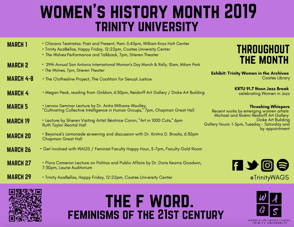 Check out the Women's History Month 2019 Calendar! Looking forward to a great month of events! <a href="/Trinity_U/">Trinity University</a>