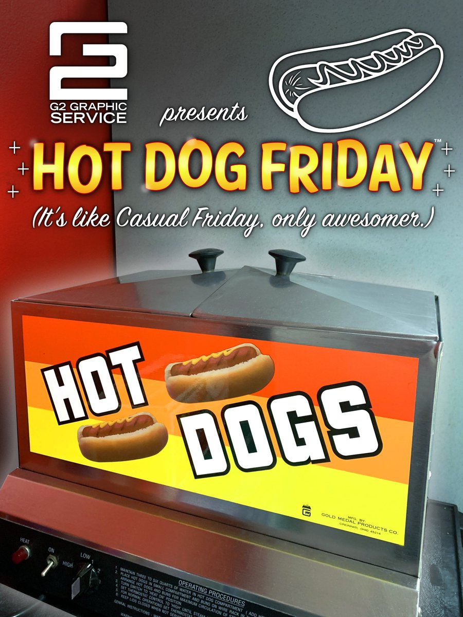 G2Graphicsrv's tweet image. Folks, today is G2 Hot Dog Friday. That’s right, while you’re digging through your closet for your favorite t-shirt to wear to work, we’re preparing industrial-pressed delicacies for our company to enjoy. Sometimes we have pizza instead of hot dogs. It’s still G2 Hot Dog Friday.