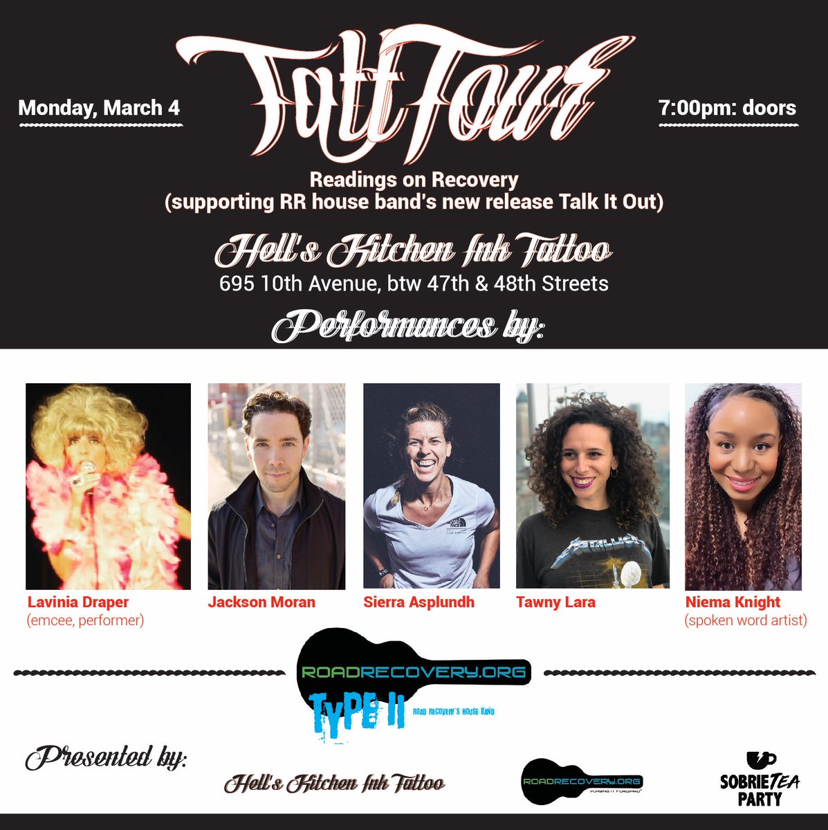 We’re doing a thing! We are v excited to collaborate with <a href="/road_recovery/">Cristian Gunn</a> for another night of live music and recovery-themed storytelling. Join us at #hellskitchenink on Monday, March 4th. 

#sobriety #recovery #rocknroll #readingsonrecovery
