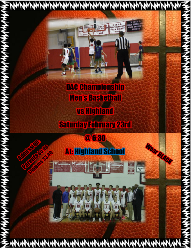 wakefieldschool's tweet photo. Come cheer on the Boys Varsity Basketball team as they take on Highland School tomorrow for the DAC Championship! The game starts at 6:30pm at Highland. ALL WAKEFIELD FANS- WEAR BLACK! https://t.co/d8E9c9nFRf