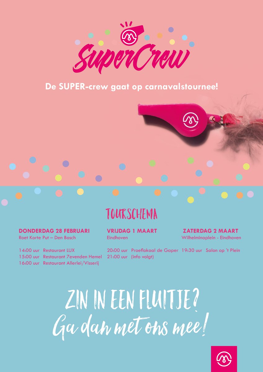 De SUPER-crew gaat op TOURNEE!
Dus hedde zin in un fluitje, gao dan meh ons mee!
Check hier ons tourschema: