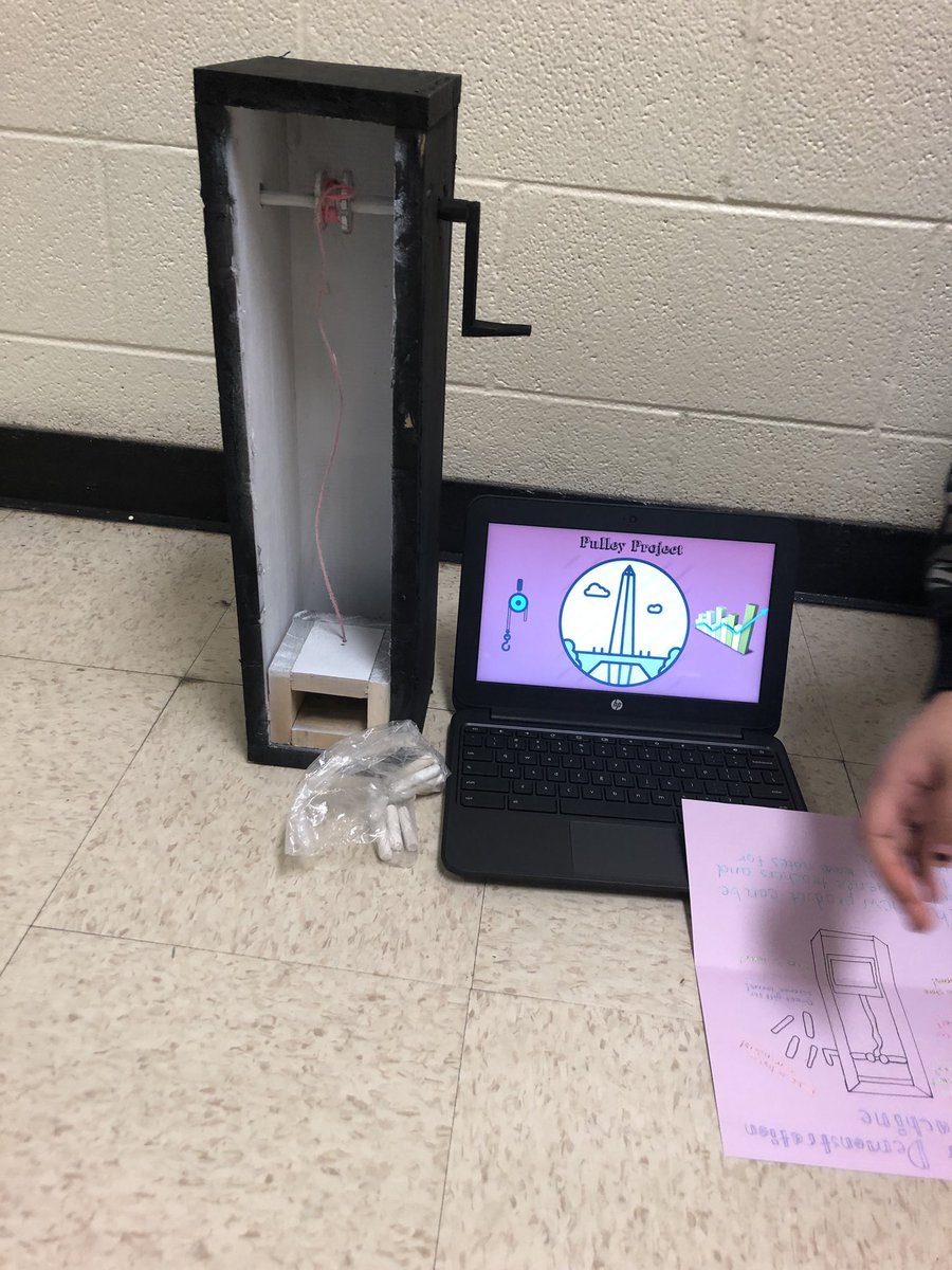 STEAMCMiller's tweet photo. My student made this awesome pulley marketed for science teachers for our #sharktankproject #simplemachines #stemproject #engineering https://t.co/qyeuuN4MbF